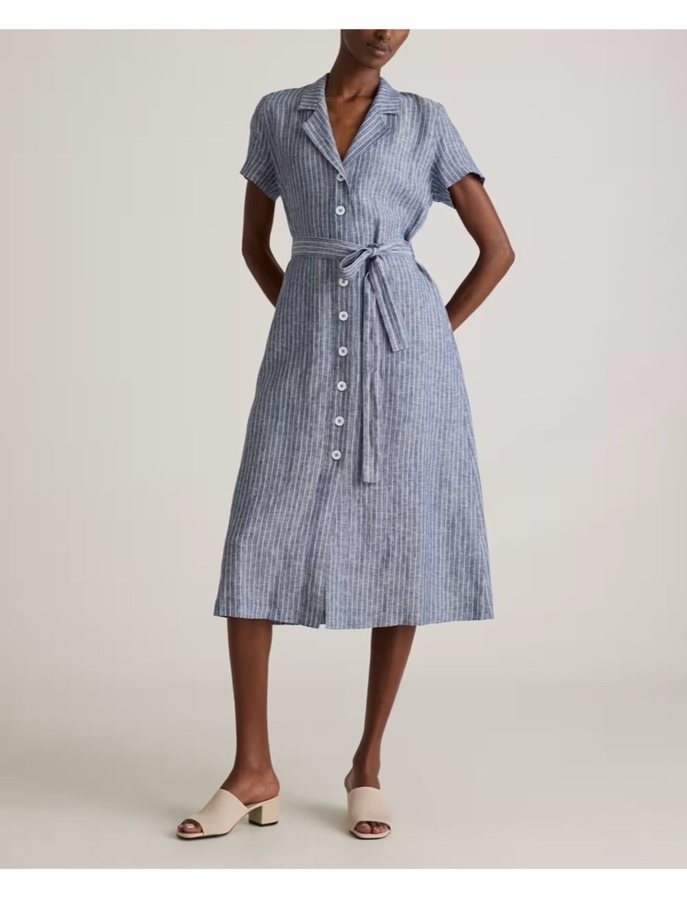 Quince | 100% European Linen Button Front Dress in chambray stripe